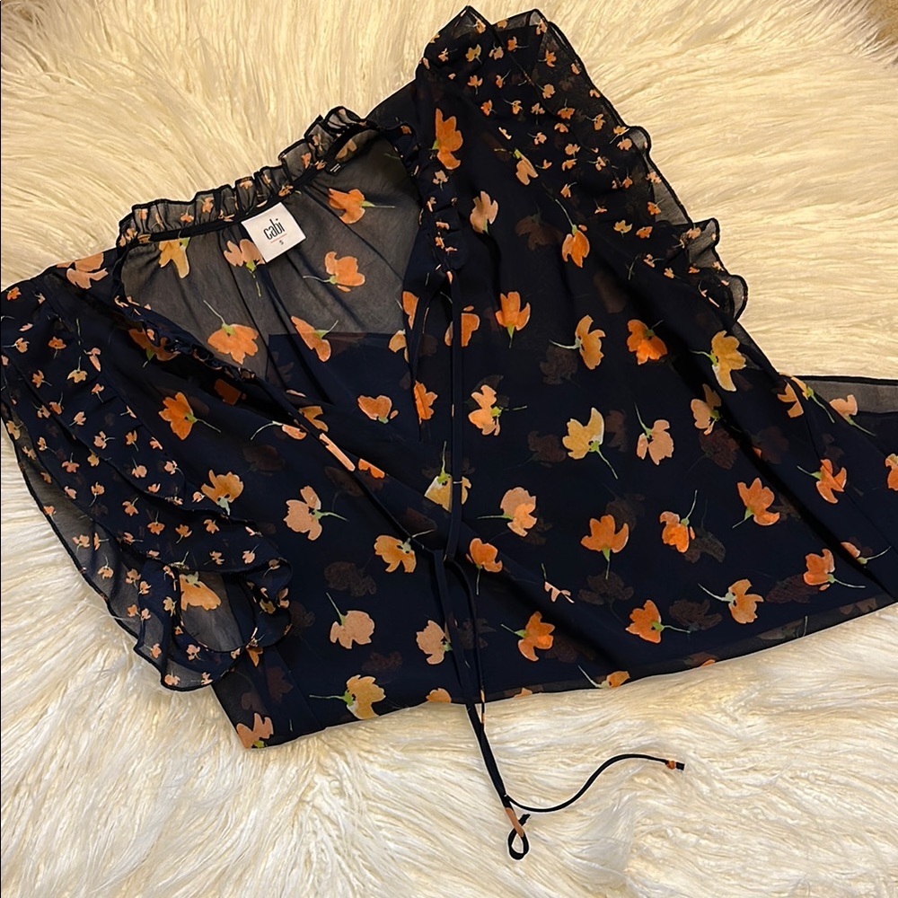 CAbi Floral Sheer Blouse - Navy and Orange - Picture 1 of 5